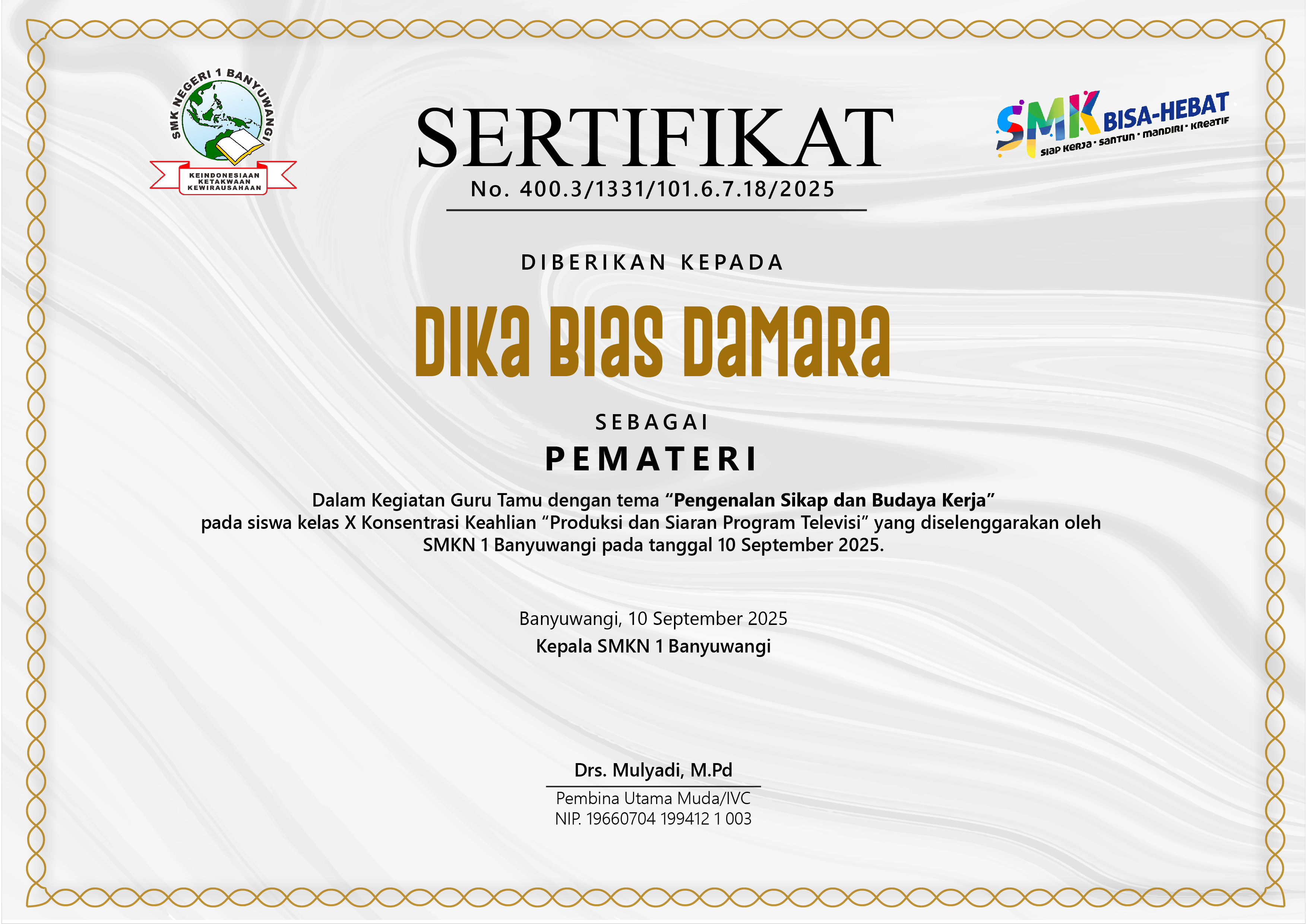Sertifikat Pemateri Guru Tamu SMKN 1 Banyuwangi
